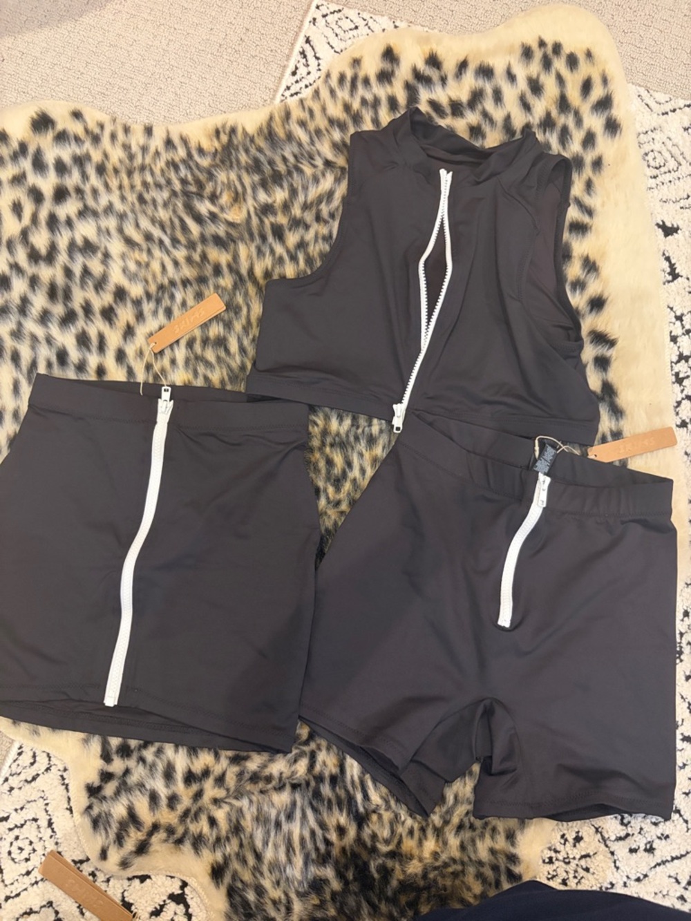 SKIMS Black Swim Zip Front Top, Skirt & Shorts Set